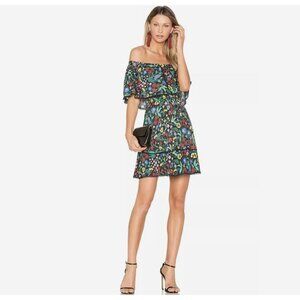Alice + Olivia Tylie Tiered Mini Dress Off Shoulder Black Multicolor Floral 0